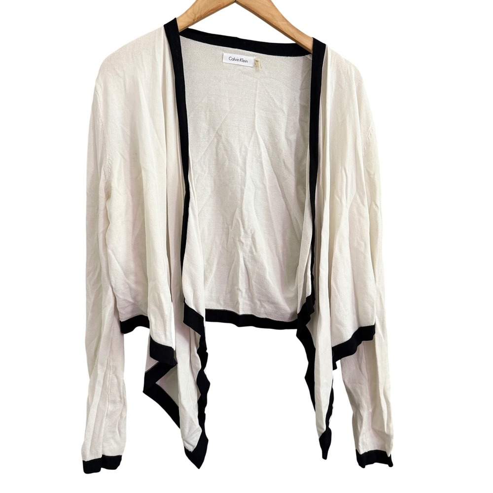 Calvin Klein Womens White Black Trim Open Front‎ Cardigan Sweater Top